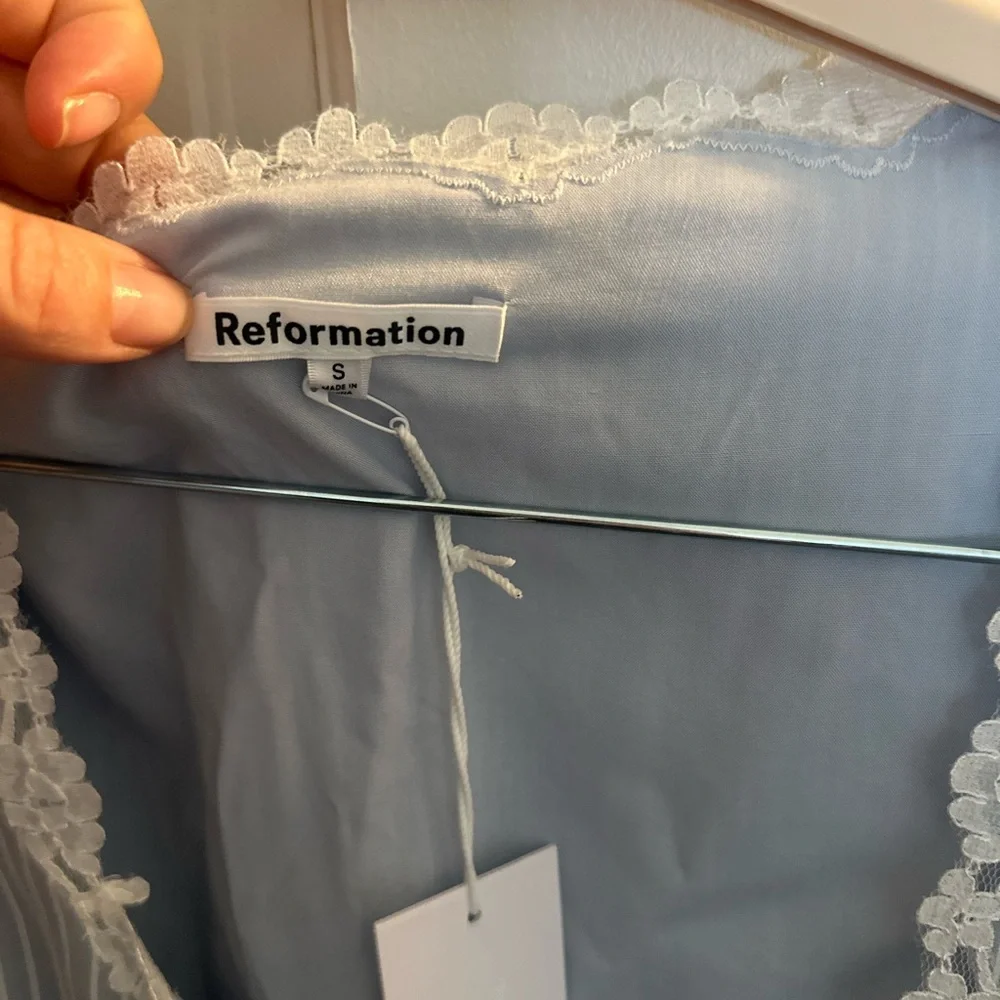 Reformation Light Blue & White Striped Lace-Trim Peplum Blouse